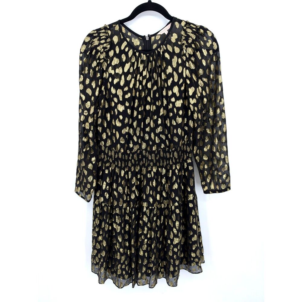REBECCA TAYLOR Black Gold Metallic Spot Silk Smocked Tiered Long Sleeve Dress 6